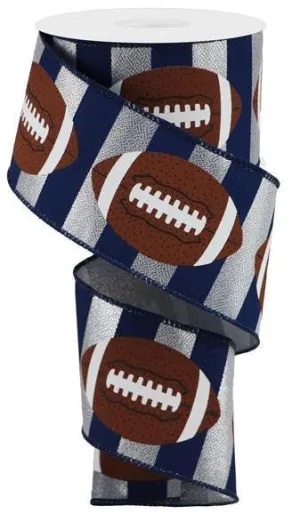 2.5" Football Stripe Ribbon: Navy Blue/Silver - 10yds