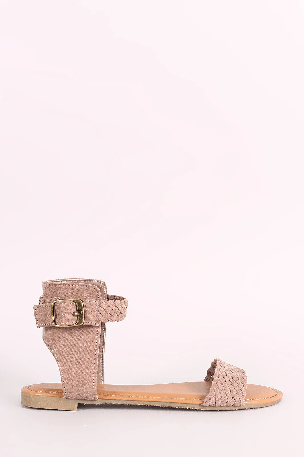 Bamboo Suede Braided Ankle Strap Flat Sandal
