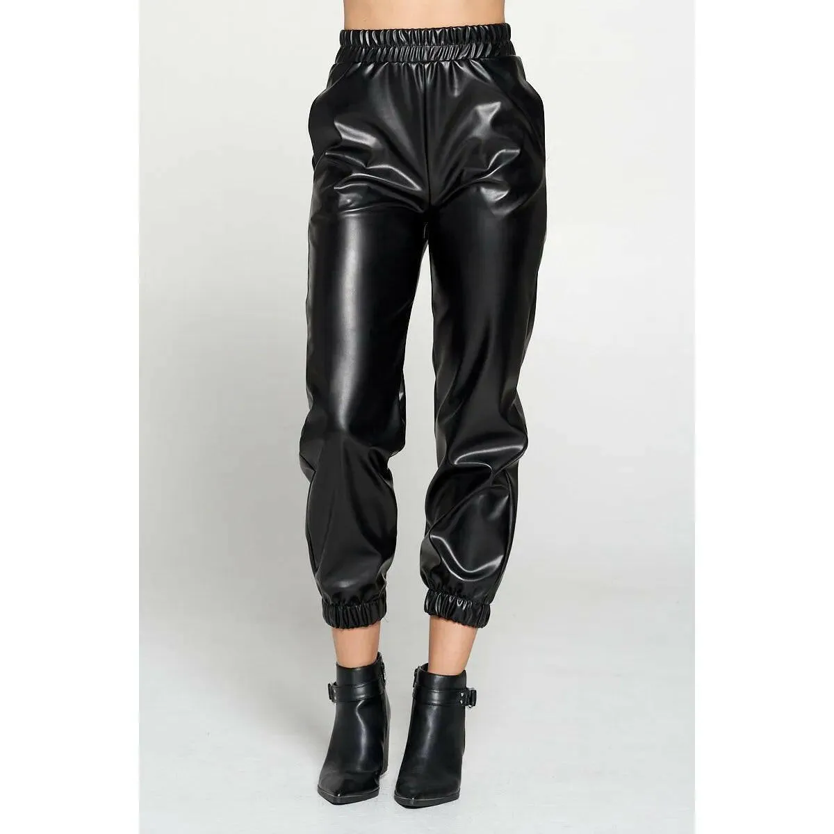 Black Faux Leather Pants with Pockets