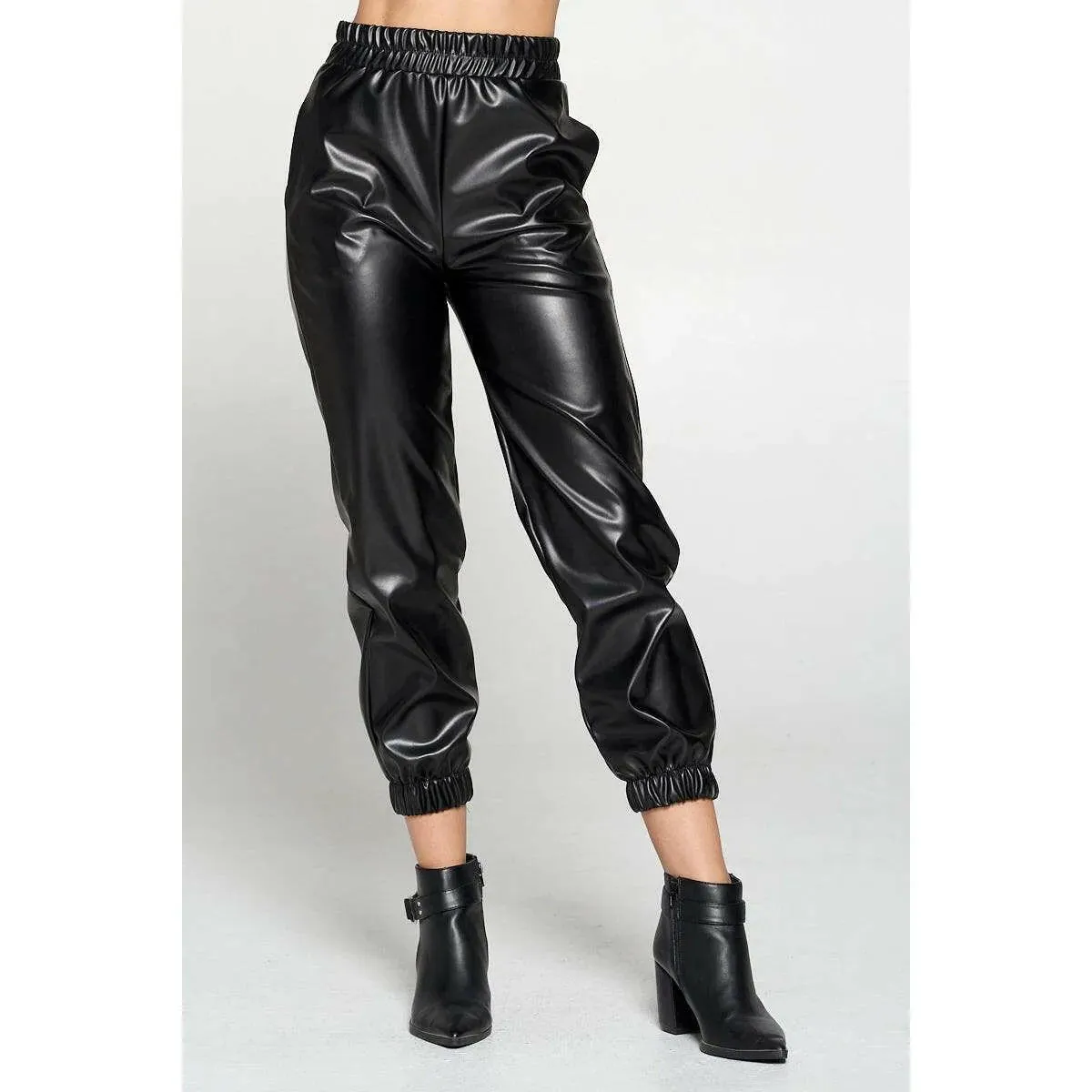 Black Faux Leather Pants with Pockets
