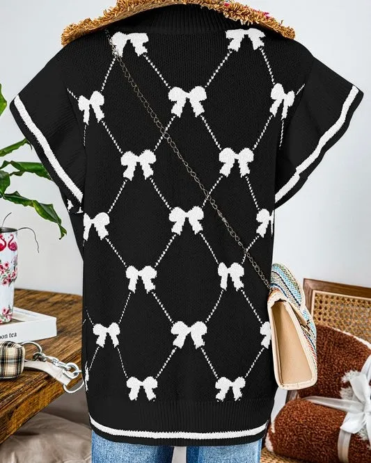 Black w/White Bow Zip Neck Ruffle Cap Sleeve Knit Sweater Vest Top