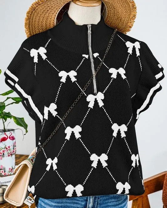 Black w/White Bow Zip Neck Ruffle Cap Sleeve Knit Sweater Vest Top