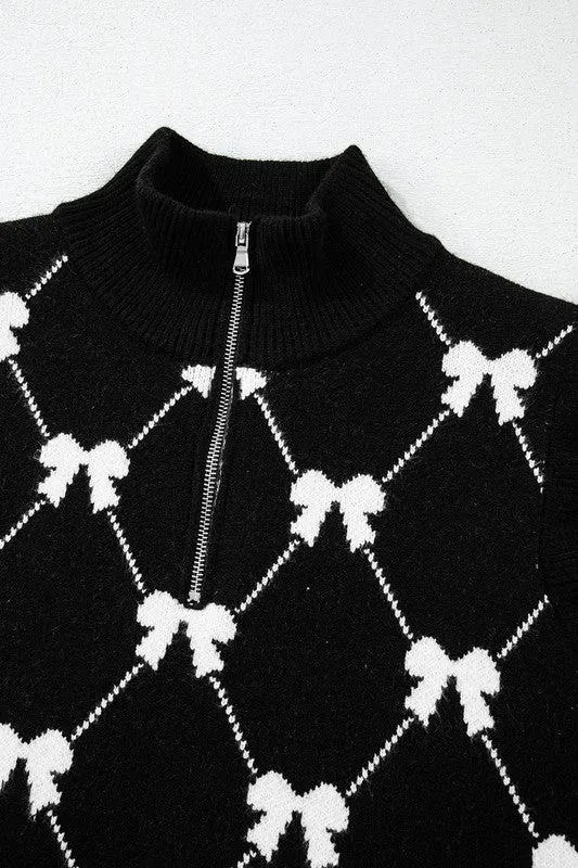 Black w/White Bow Zip Neck Ruffle Cap Sleeve Knit Sweater Vest Top