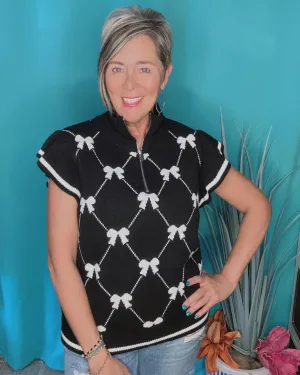 Black w/White Bow Zip Neck Ruffle Cap Sleeve Knit Sweater Vest Top
