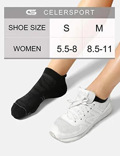 CelerSport 6 Pack Women's Ankle Running Socks Cushioned Low Cut Tab Athletic Socks, Black, Medium