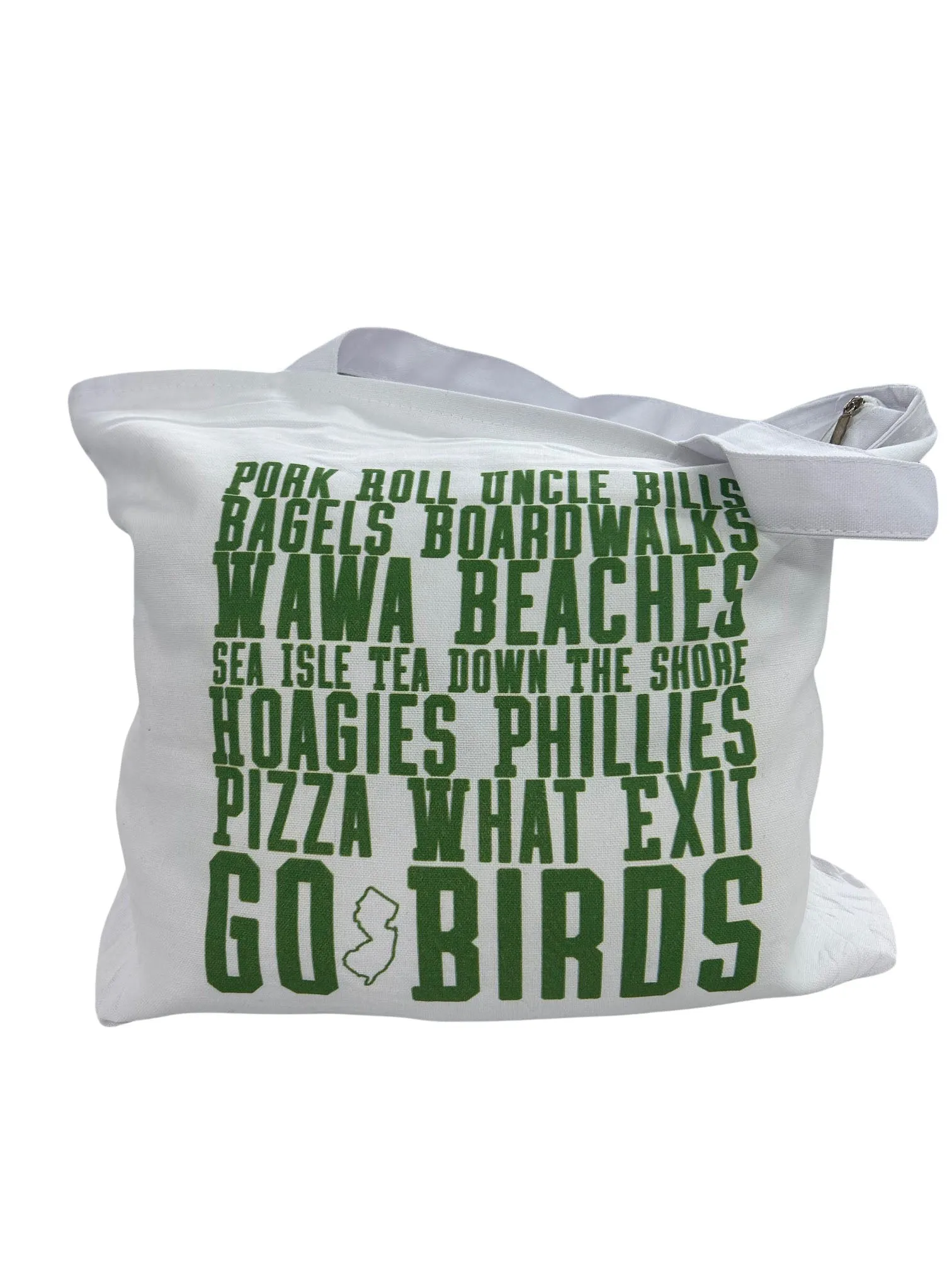 Down The Shore Zipper Tote Bag - White & Kelly Green Text