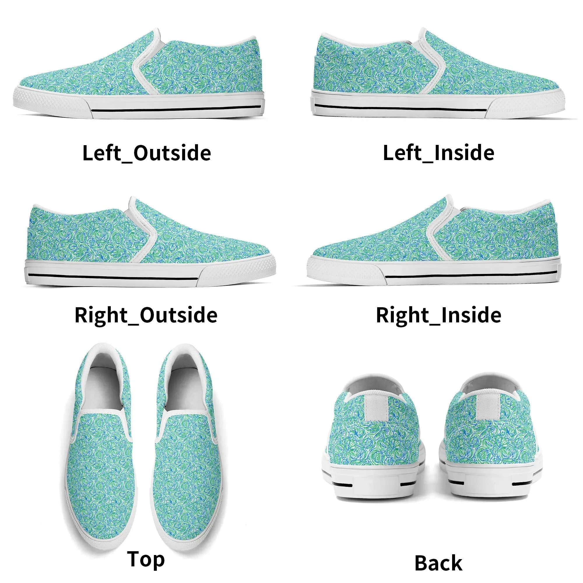 Emerald Tide: Swirling Green and Blue Flowers Womens Canvas Slip On Shoes US5-US12
