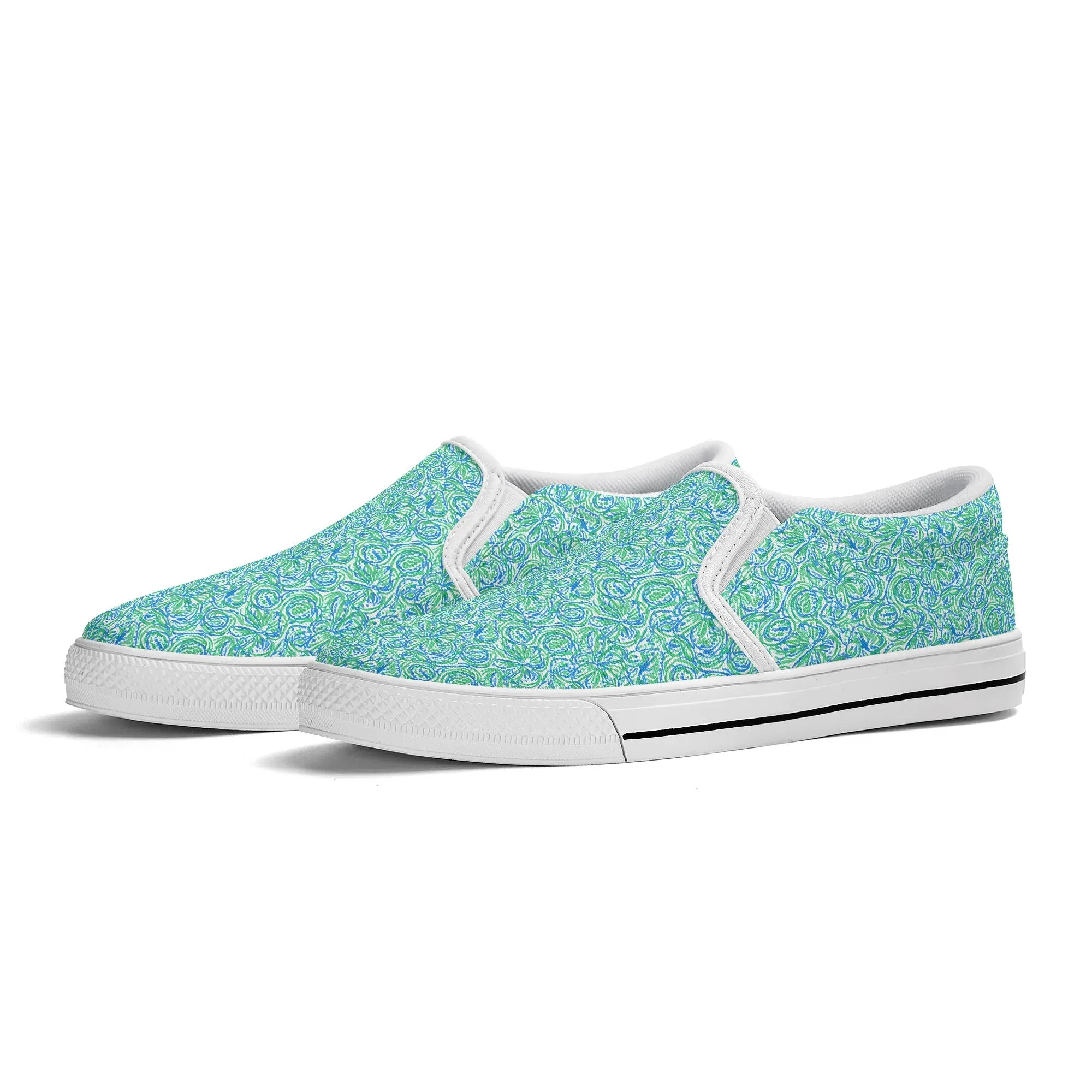 Emerald Tide: Swirling Green and Blue Flowers Womens Canvas Slip On Shoes US5-US12