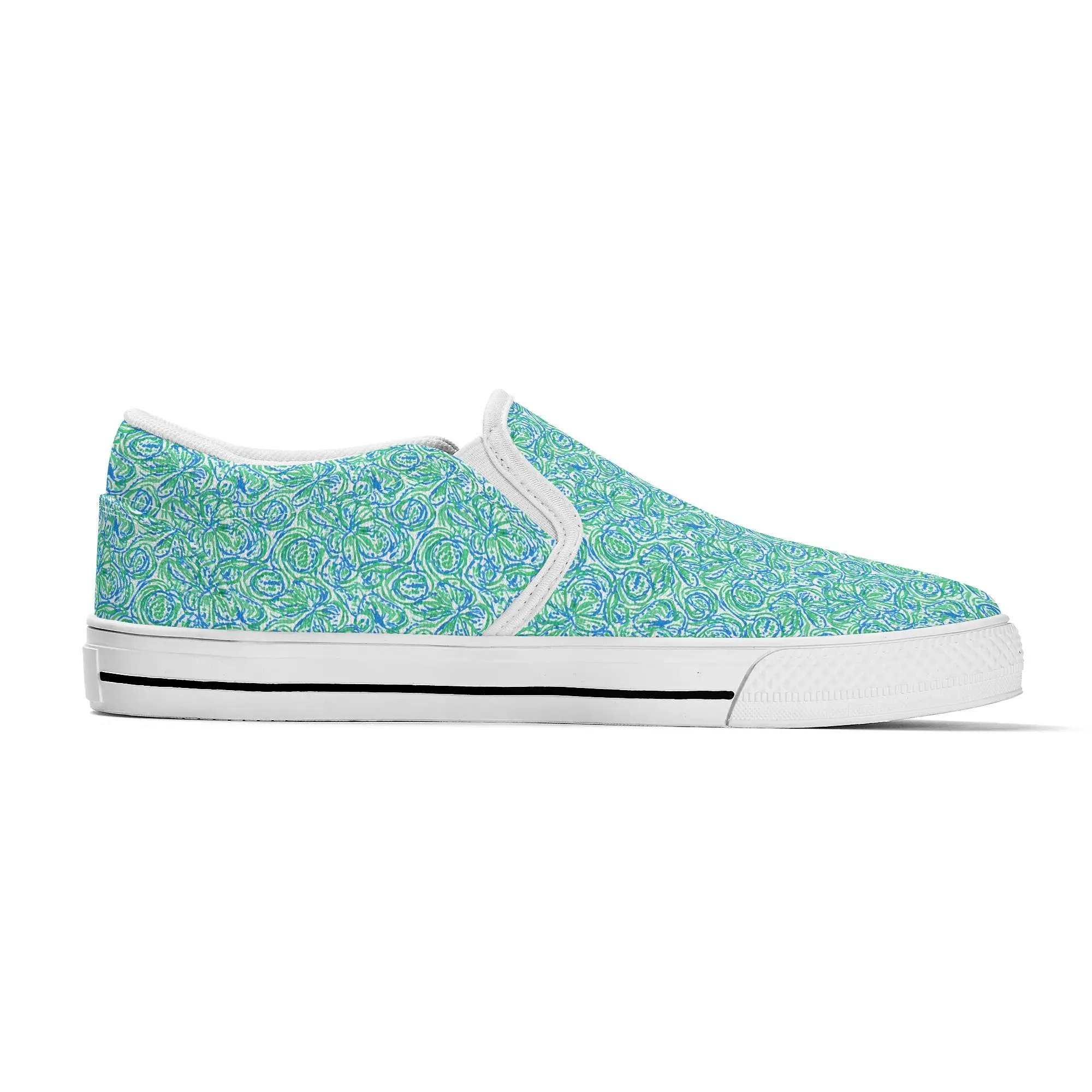 Emerald Tide: Swirling Green and Blue Flowers Womens Canvas Slip On Shoes US5-US12