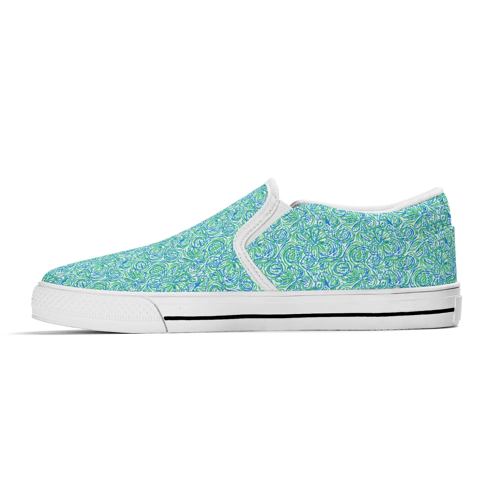 Emerald Tide: Swirling Green and Blue Flowers Womens Canvas Slip On Shoes US5-US12