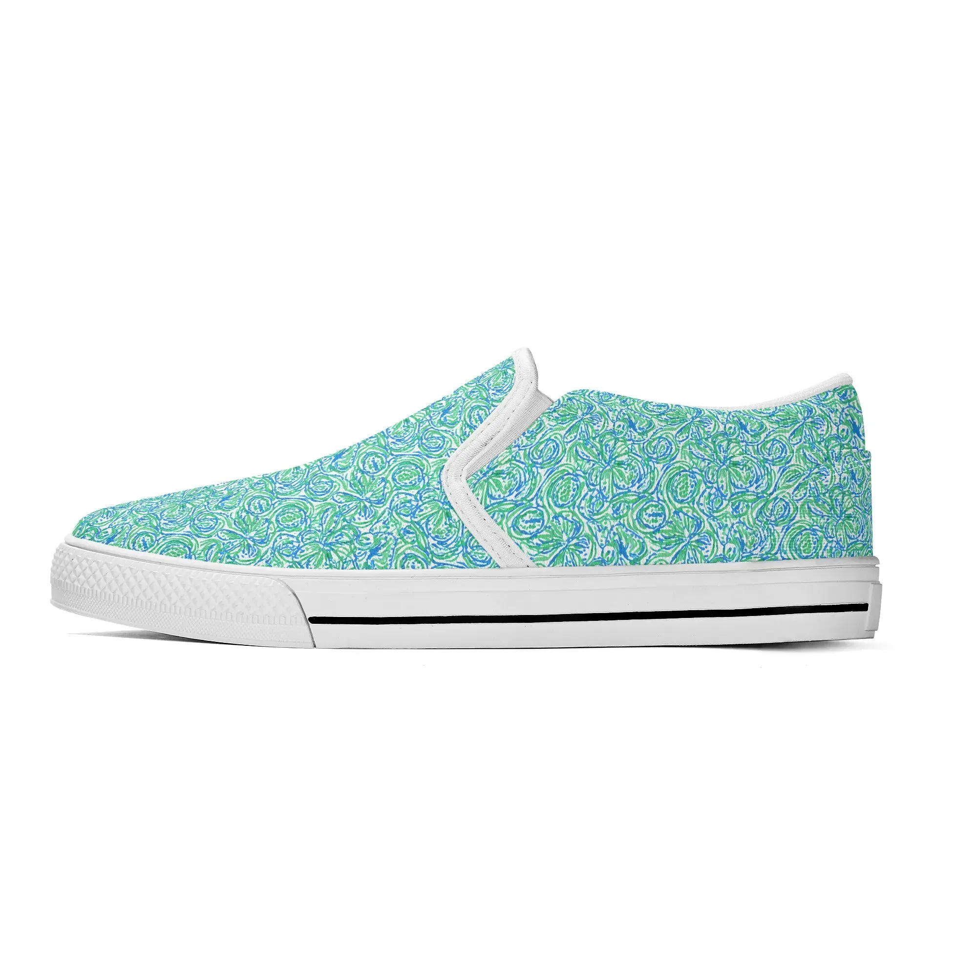 Emerald Tide: Swirling Green and Blue Flowers Womens Canvas Slip On Shoes US5-US12