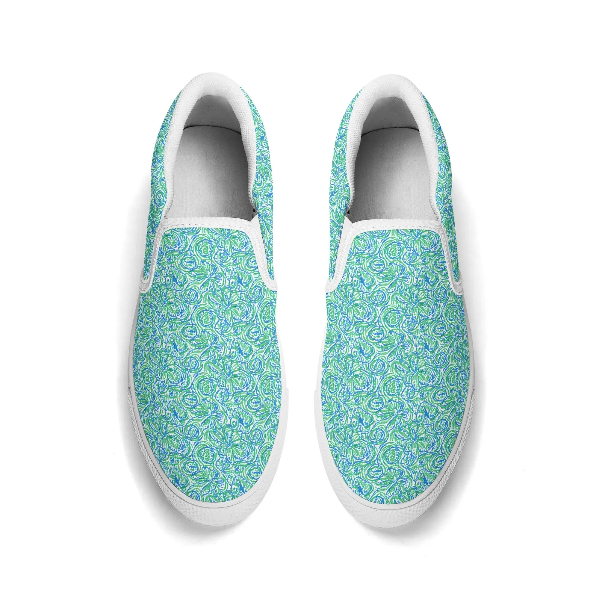 Emerald Tide: Swirling Green and Blue Flowers Womens Canvas Slip On Shoes US5-US12