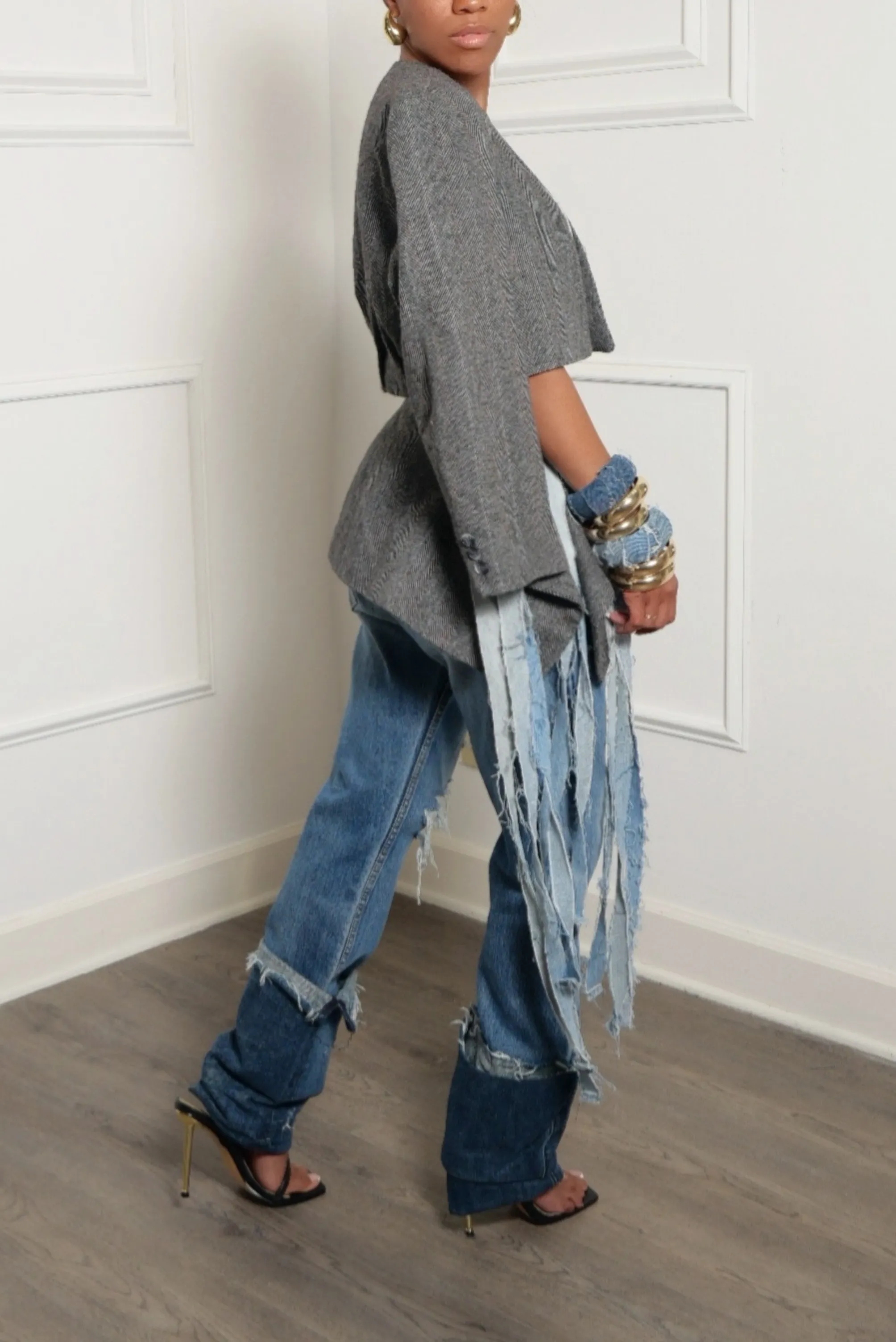 *Gray Vintage Two piece suit Denim fringe