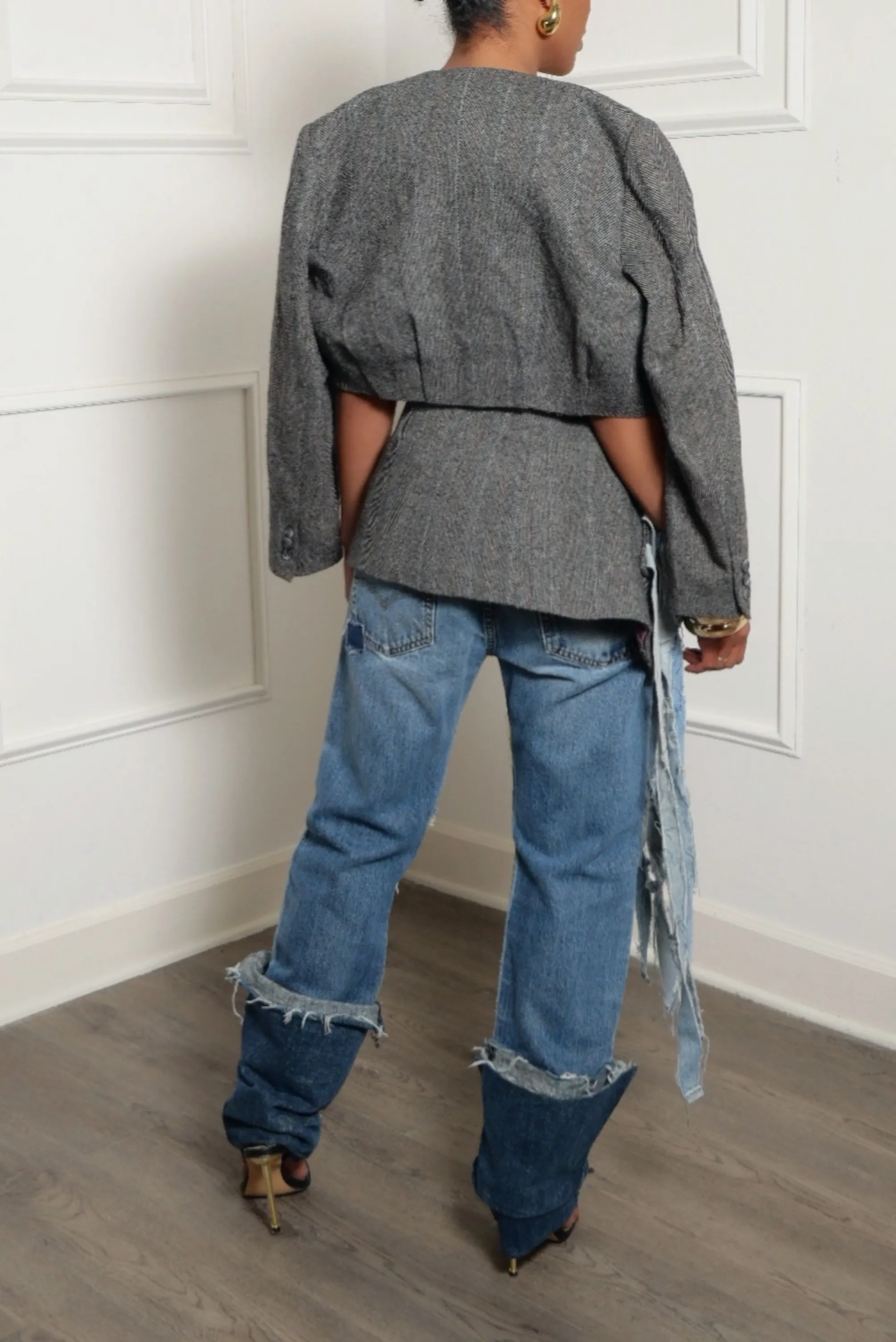 *Gray Vintage Two piece suit Denim fringe