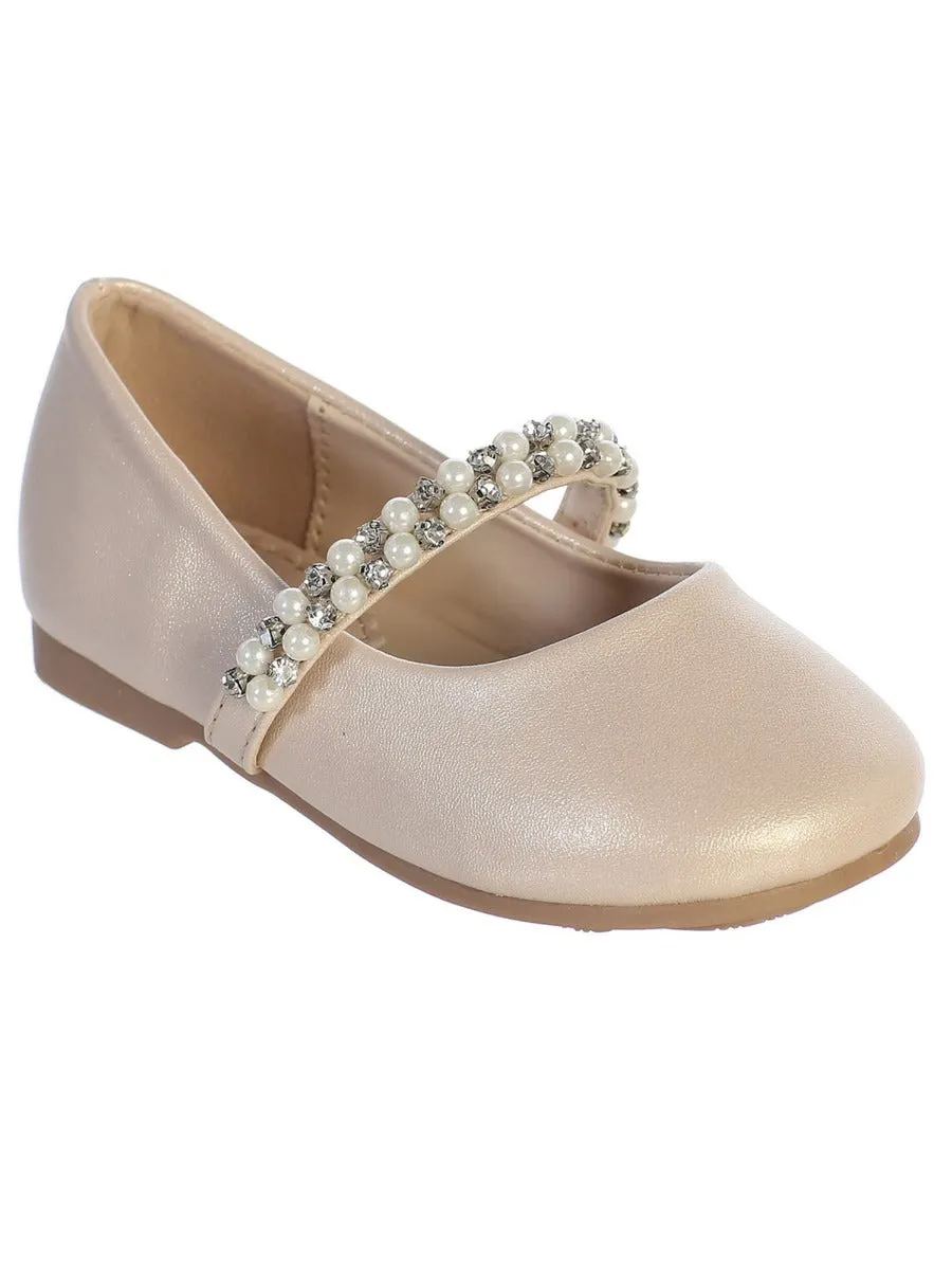 Little Girls Nude Pink Rhinestone Pearls Strap Ballet Flats 5-8 Toddler