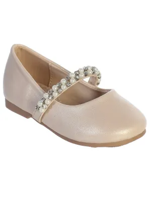 Little Girls Nude Pink Rhinestone Pearls Strap Ballet Flats 5-8 Toddler