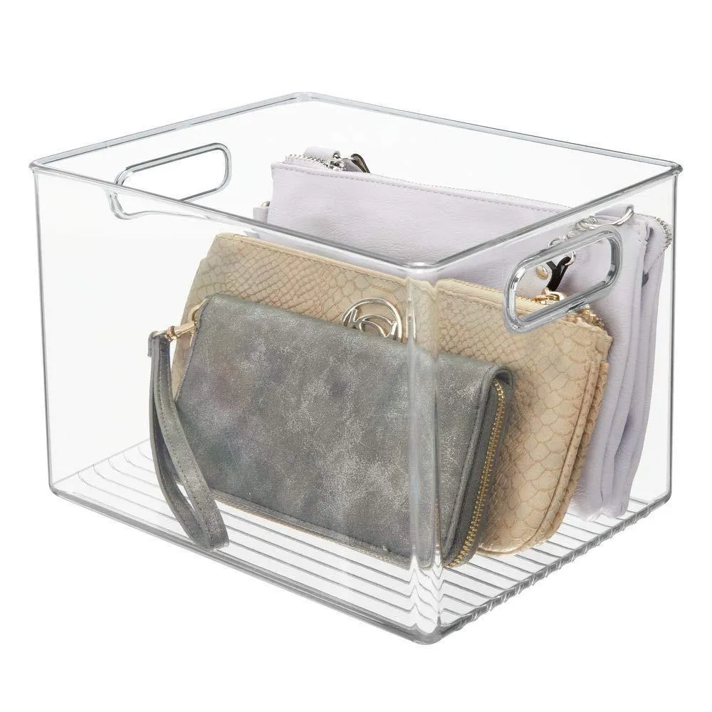 mDesign Plastic Home Storage Basket Bin with Handles for Organizing Closets, Shelves and Cabinets in Bedrooms, Bathrooms, Entryways and Hallways - 4 Pack - Clear