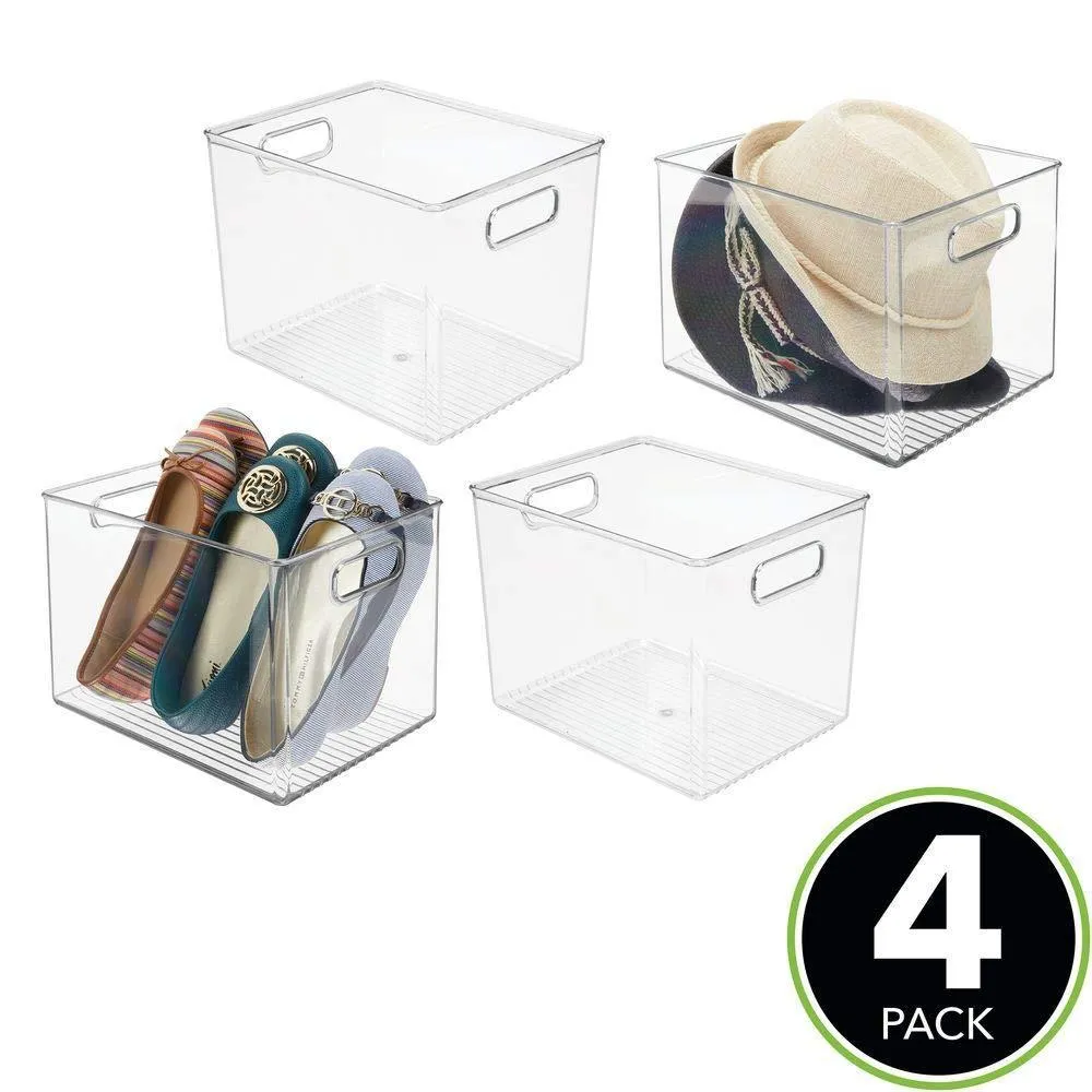 mDesign Plastic Home Storage Basket Bin with Handles for Organizing Closets, Shelves and Cabinets in Bedrooms, Bathrooms, Entryways and Hallways - 4 Pack - Clear