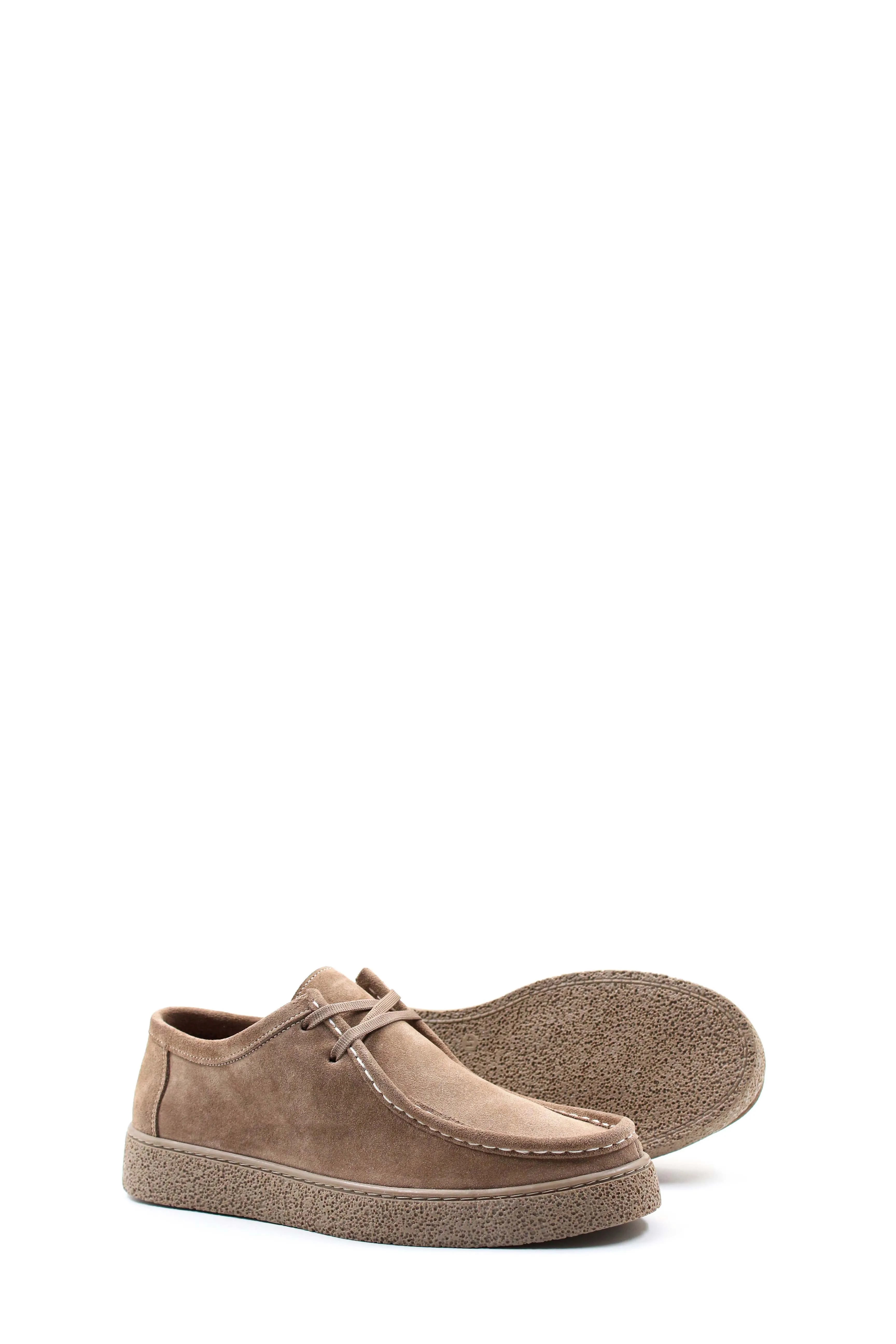Men's Beige Suede Lace-Up Shoes with Textured Sole and Moccasin Stitching - Wessi