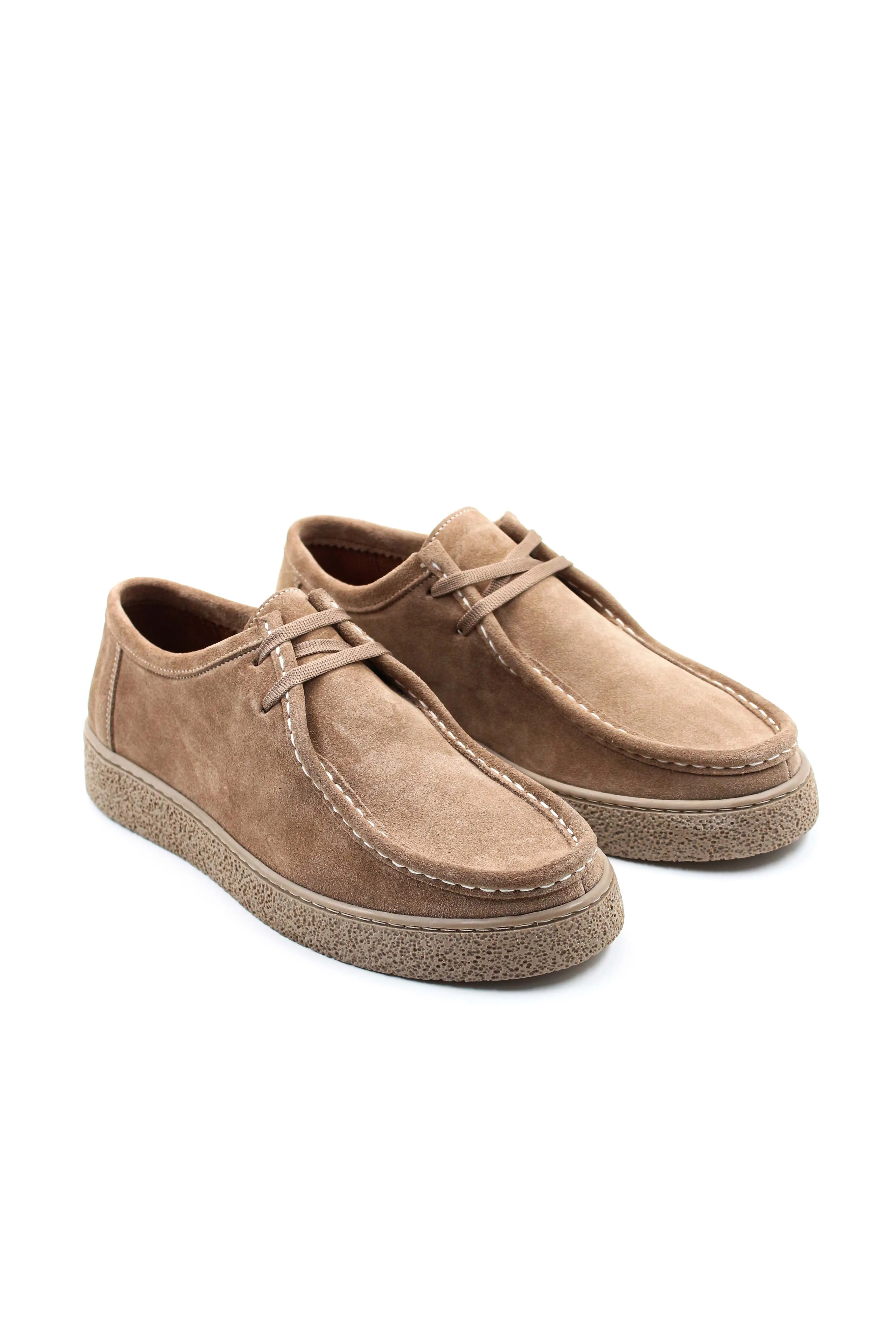 Men's Beige Suede Lace-Up Shoes with Textured Sole and Moccasin Stitching - Wessi