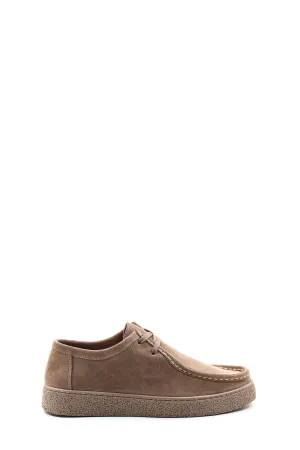 Men's Beige Suede Lace-Up Shoes with Textured Sole and Moccasin Stitching - Wessi