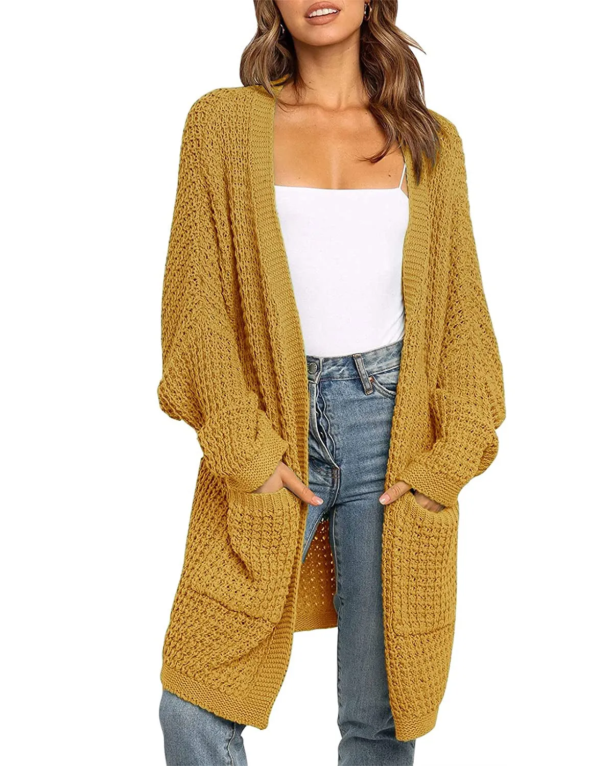MEROKEETY Batwing Sleeve Waffle Knit Oversized Cardigan