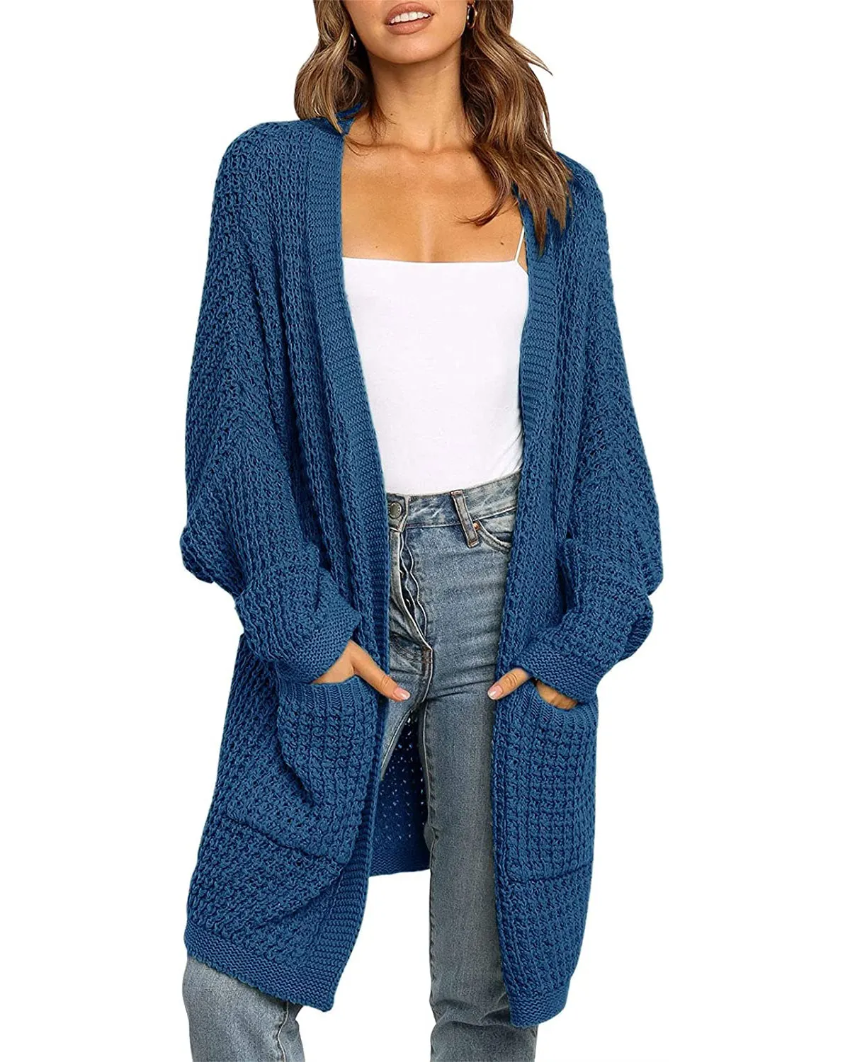 MEROKEETY Batwing Sleeve Waffle Knit Oversized Cardigan