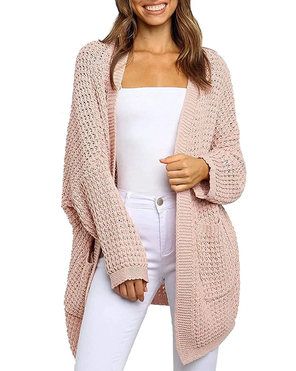 MEROKEETY Batwing Sleeve Waffle Knit Oversized Cardigan