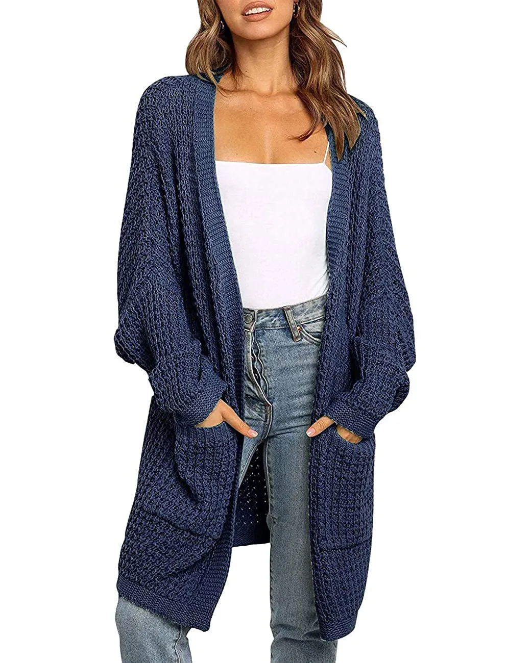 MEROKEETY Batwing Sleeve Waffle Knit Oversized Cardigan