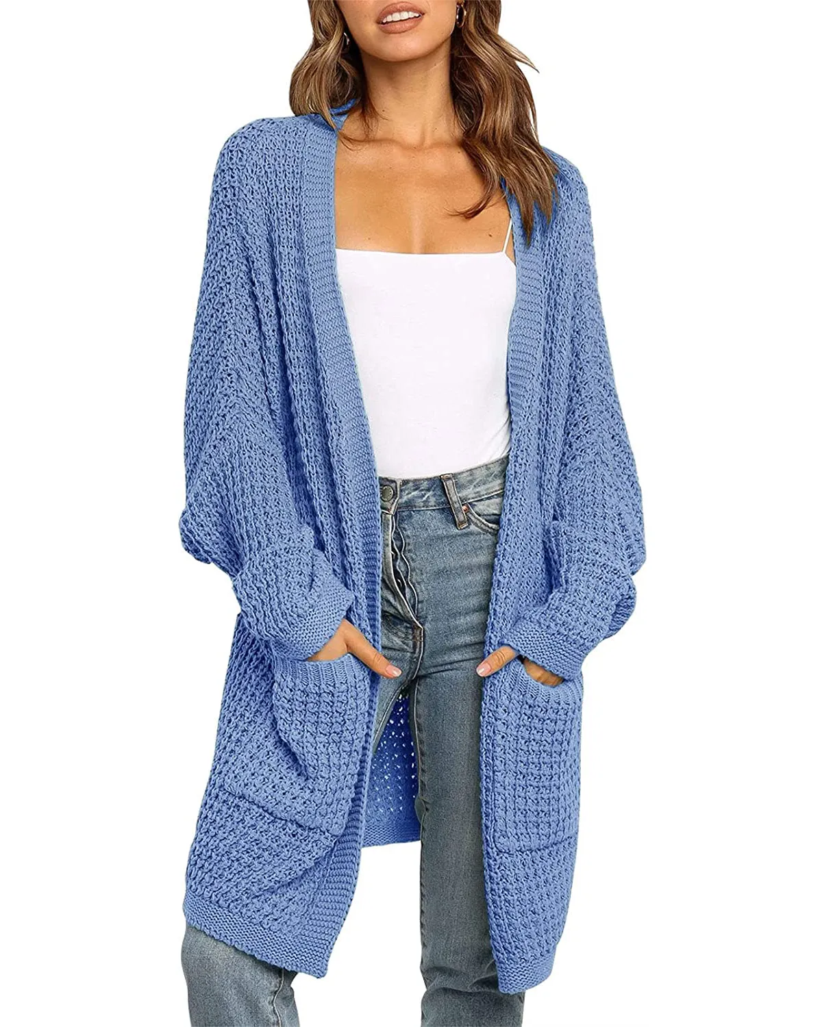 MEROKEETY Batwing Sleeve Waffle Knit Oversized Cardigan