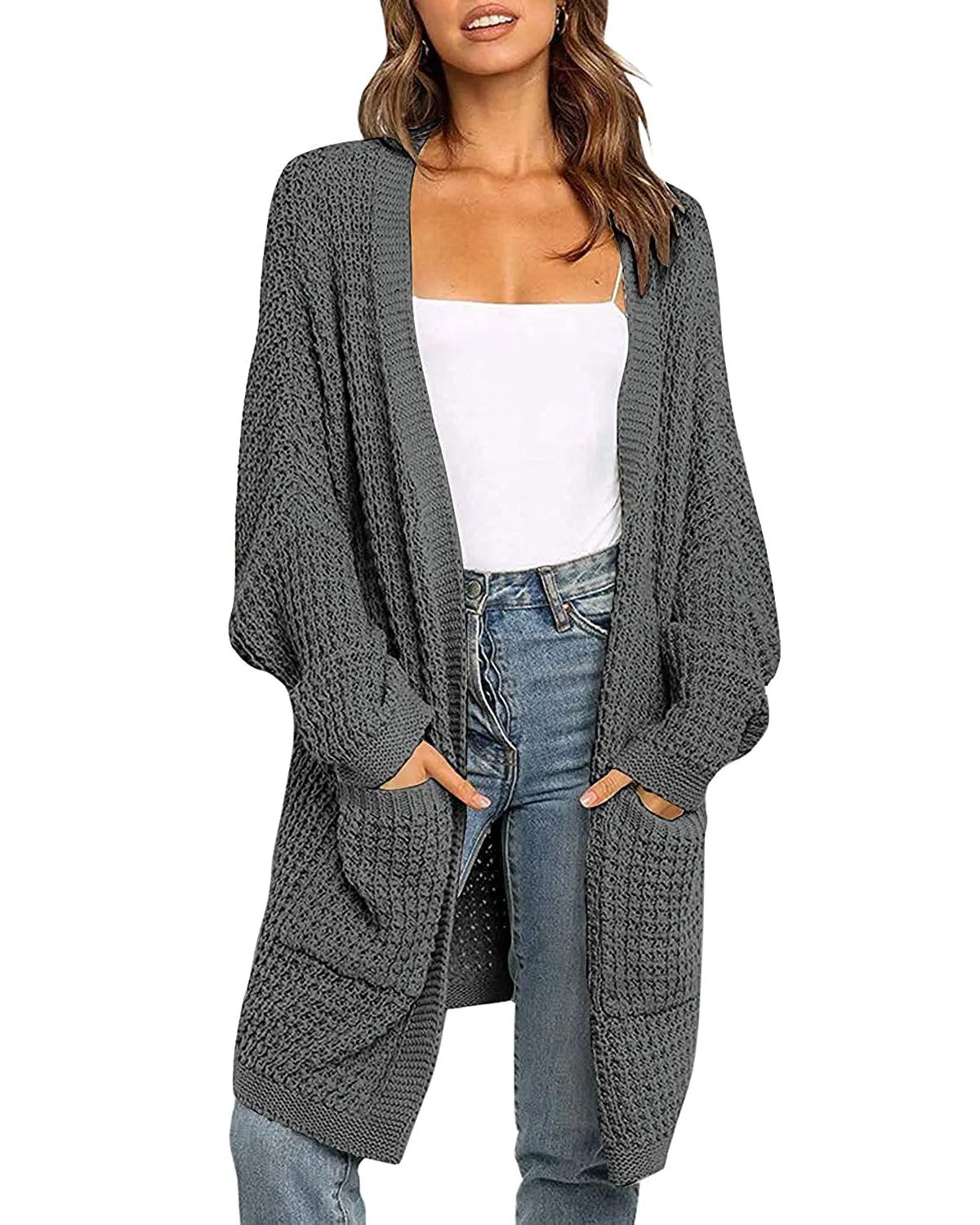 MEROKEETY Batwing Sleeve Waffle Knit Oversized Cardigan