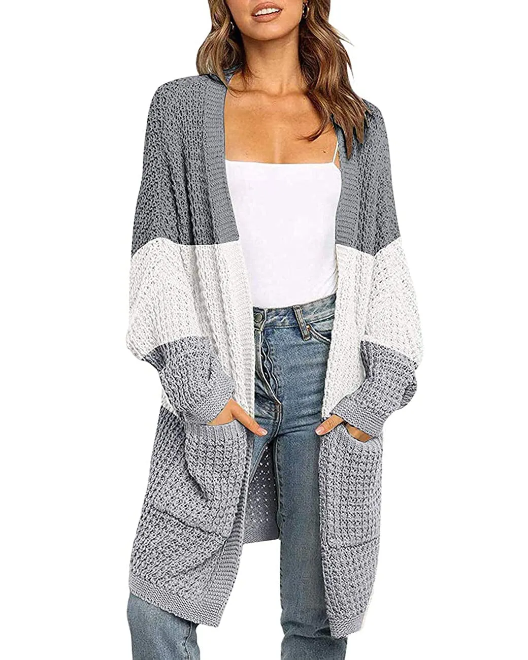 MEROKEETY Batwing Sleeve Waffle Knit Oversized Cardigan