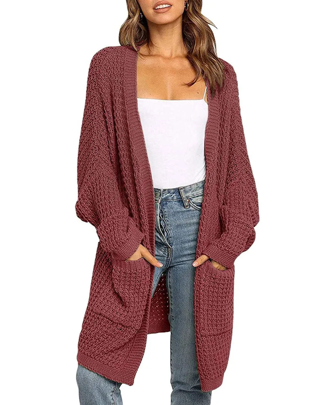 MEROKEETY Batwing Sleeve Waffle Knit Oversized Cardigan