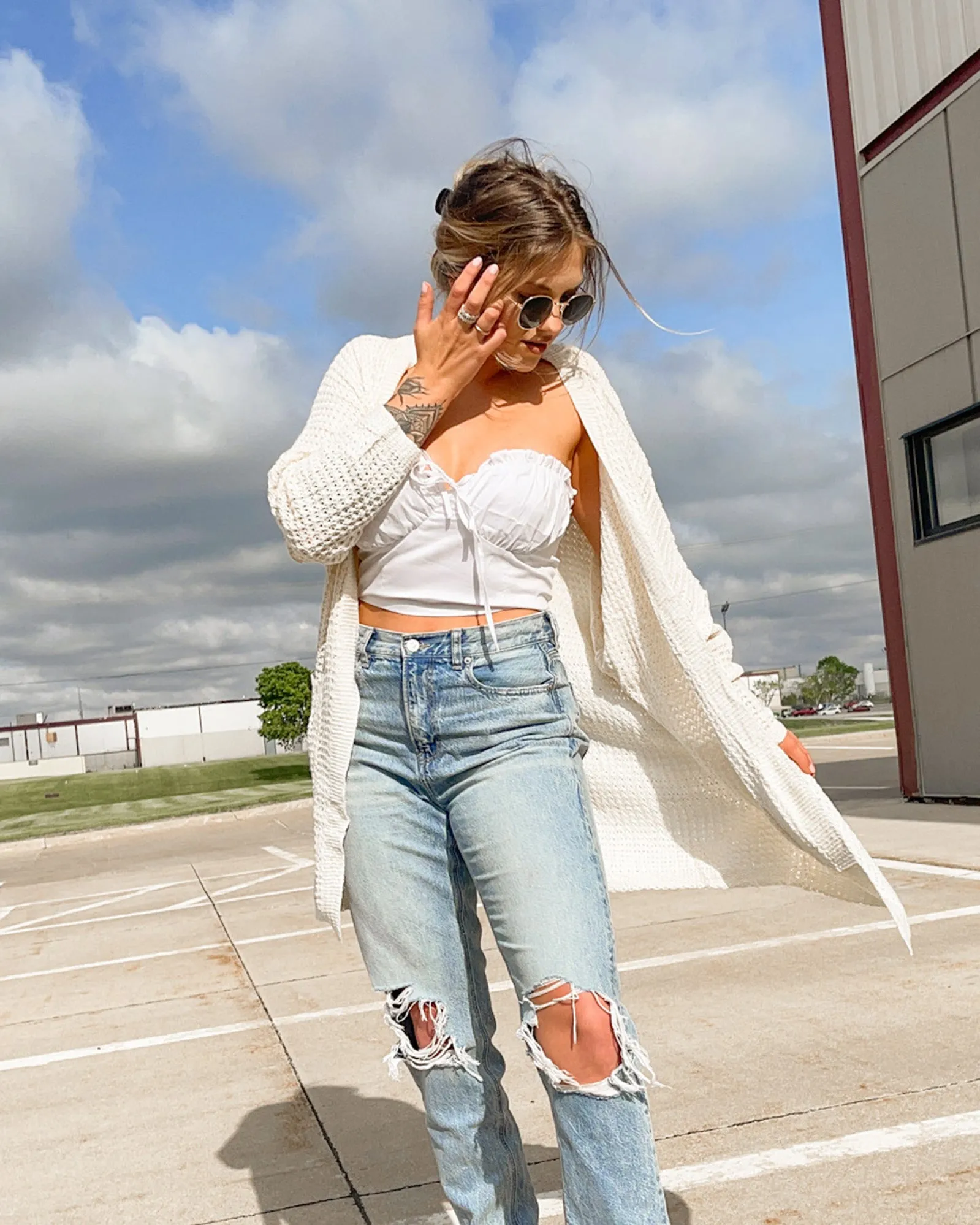 MEROKEETY Batwing Sleeve Waffle Knit Oversized Cardigan