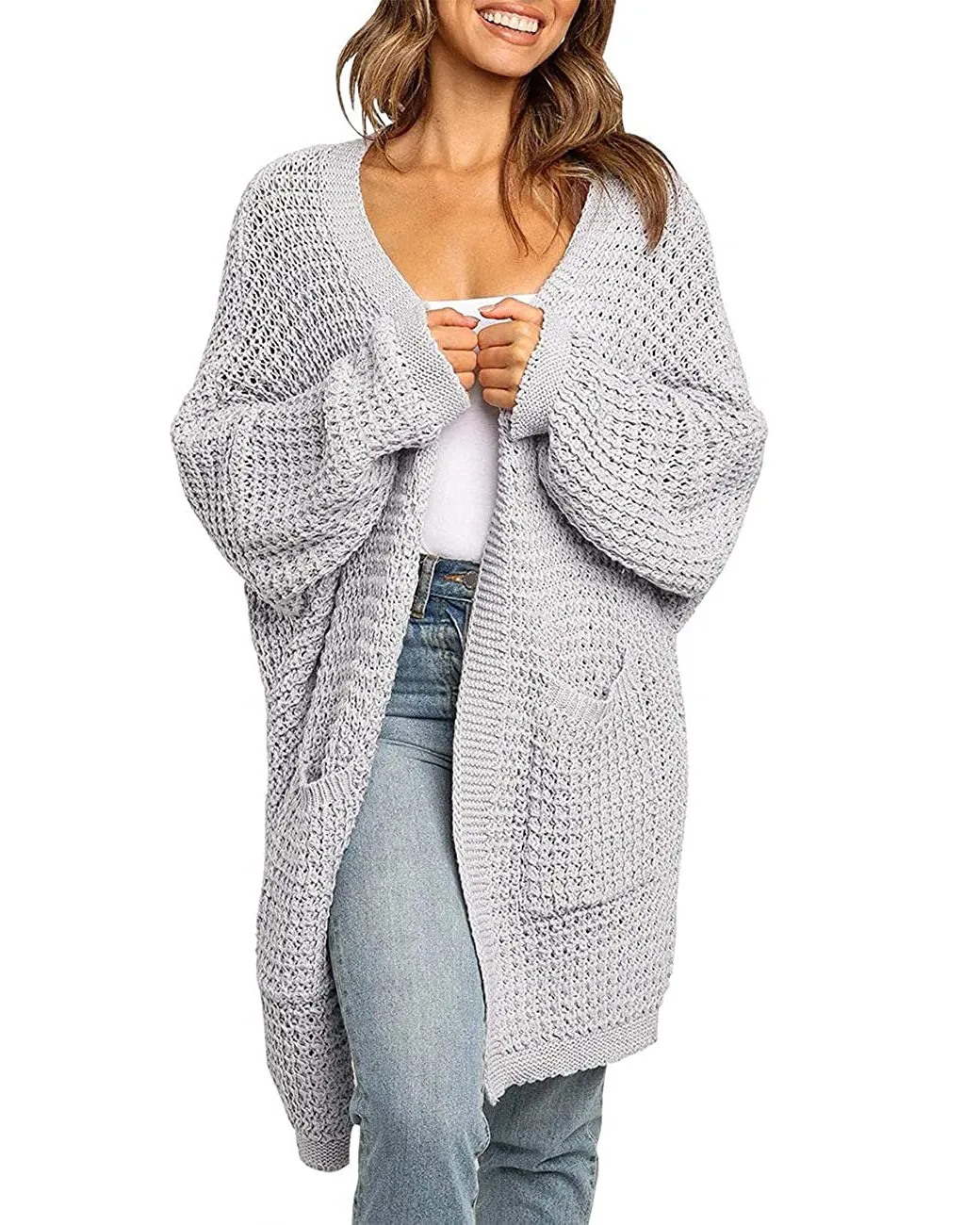 MEROKEETY Batwing Sleeve Waffle Knit Oversized Cardigan