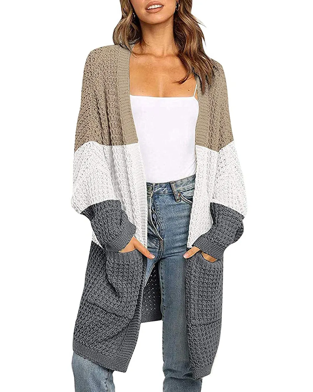 MEROKEETY Batwing Sleeve Waffle Knit Oversized Cardigan