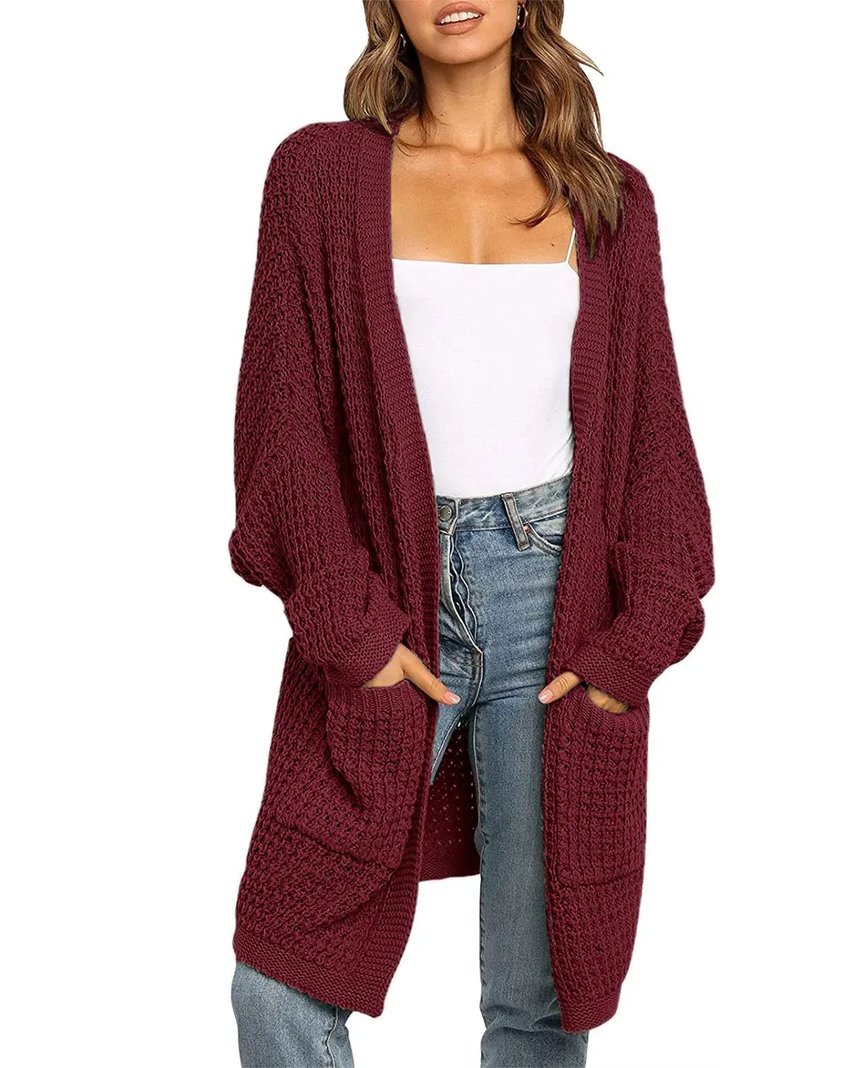 MEROKEETY Batwing Sleeve Waffle Knit Oversized Cardigan