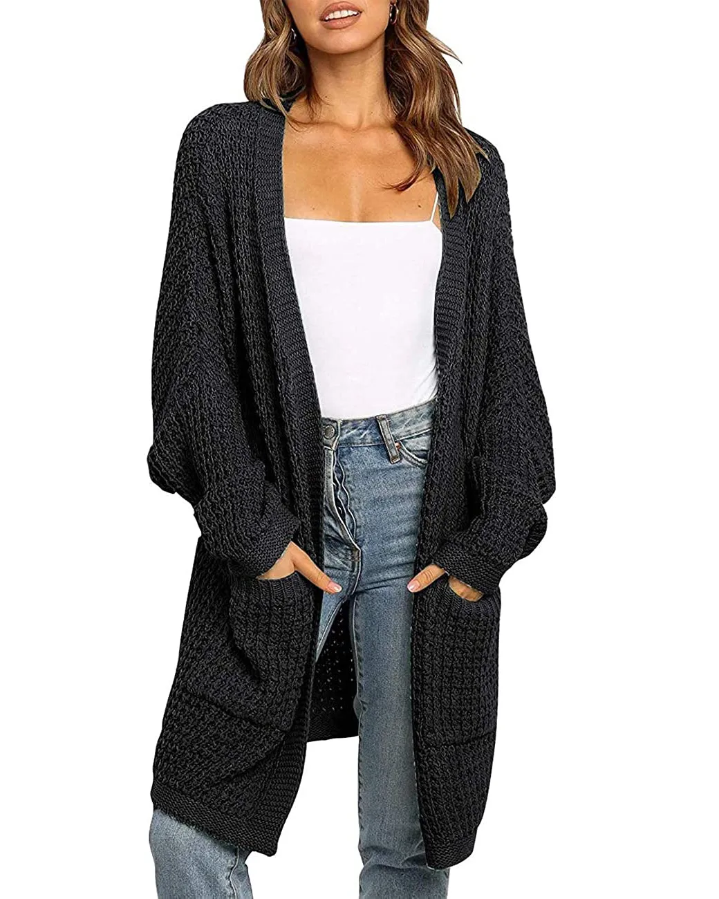 MEROKEETY Batwing Sleeve Waffle Knit Oversized Cardigan
