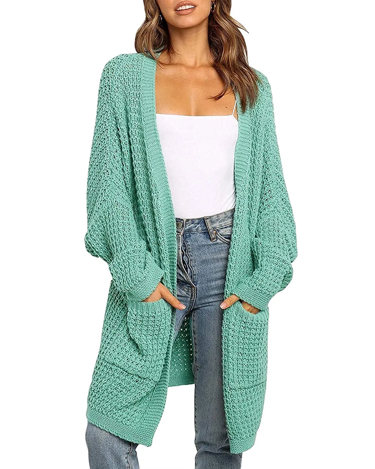 MEROKEETY Batwing Sleeve Waffle Knit Oversized Cardigan