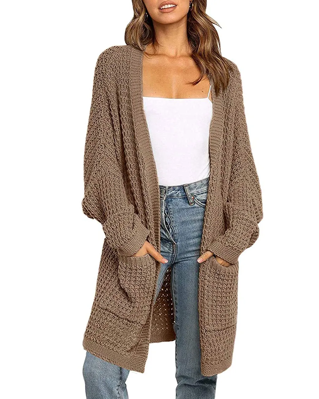 MEROKEETY Batwing Sleeve Waffle Knit Oversized Cardigan
