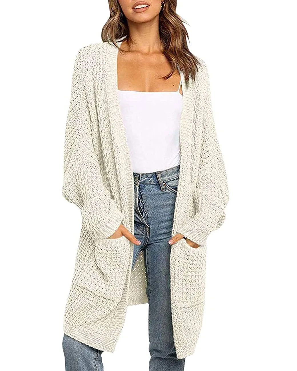MEROKEETY Batwing Sleeve Waffle Knit Oversized Cardigan