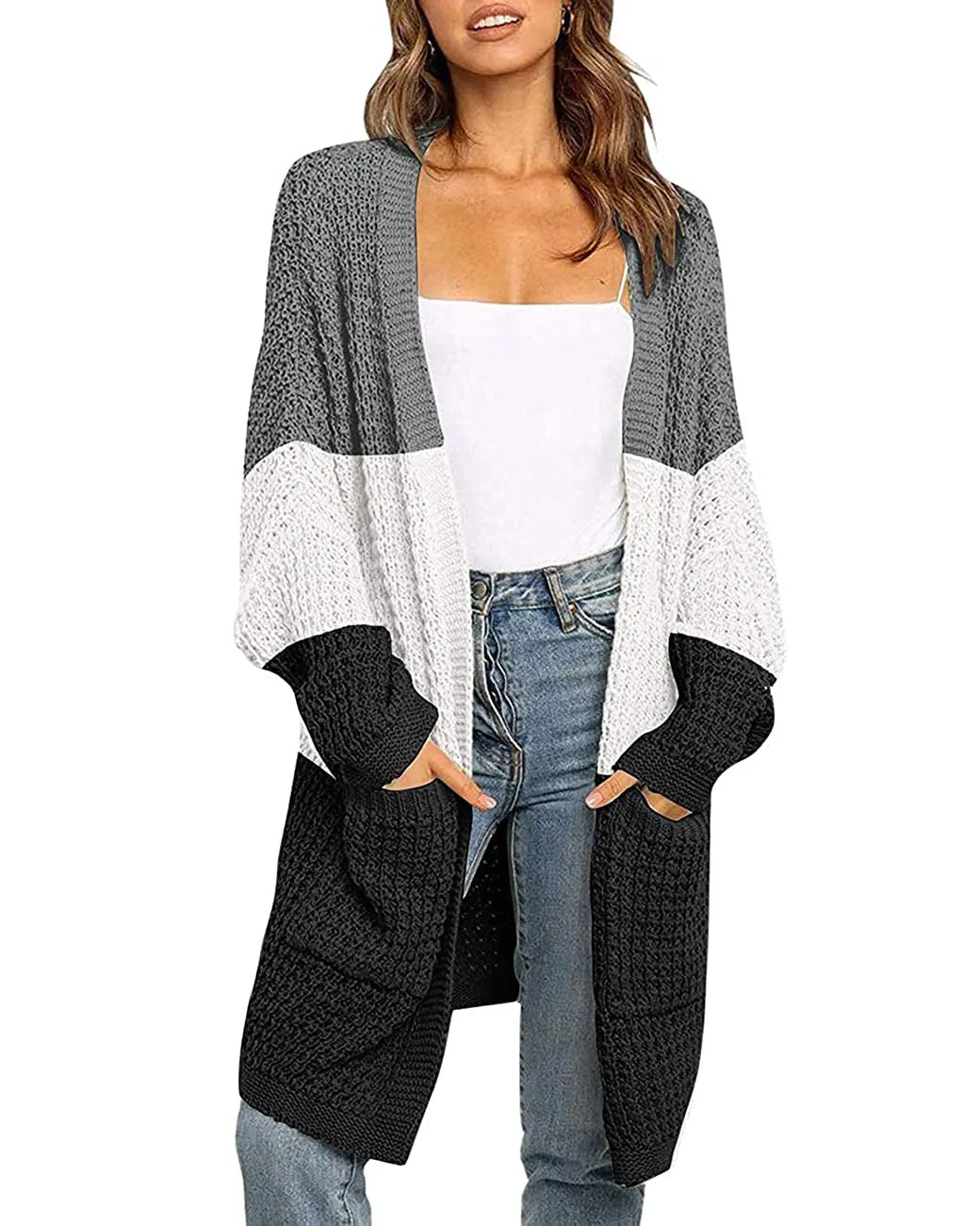 MEROKEETY Batwing Sleeve Waffle Knit Oversized Cardigan