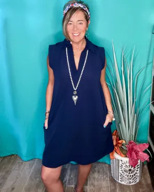 Navy Blue Sleeveless Collared V-Neck Mini Dress