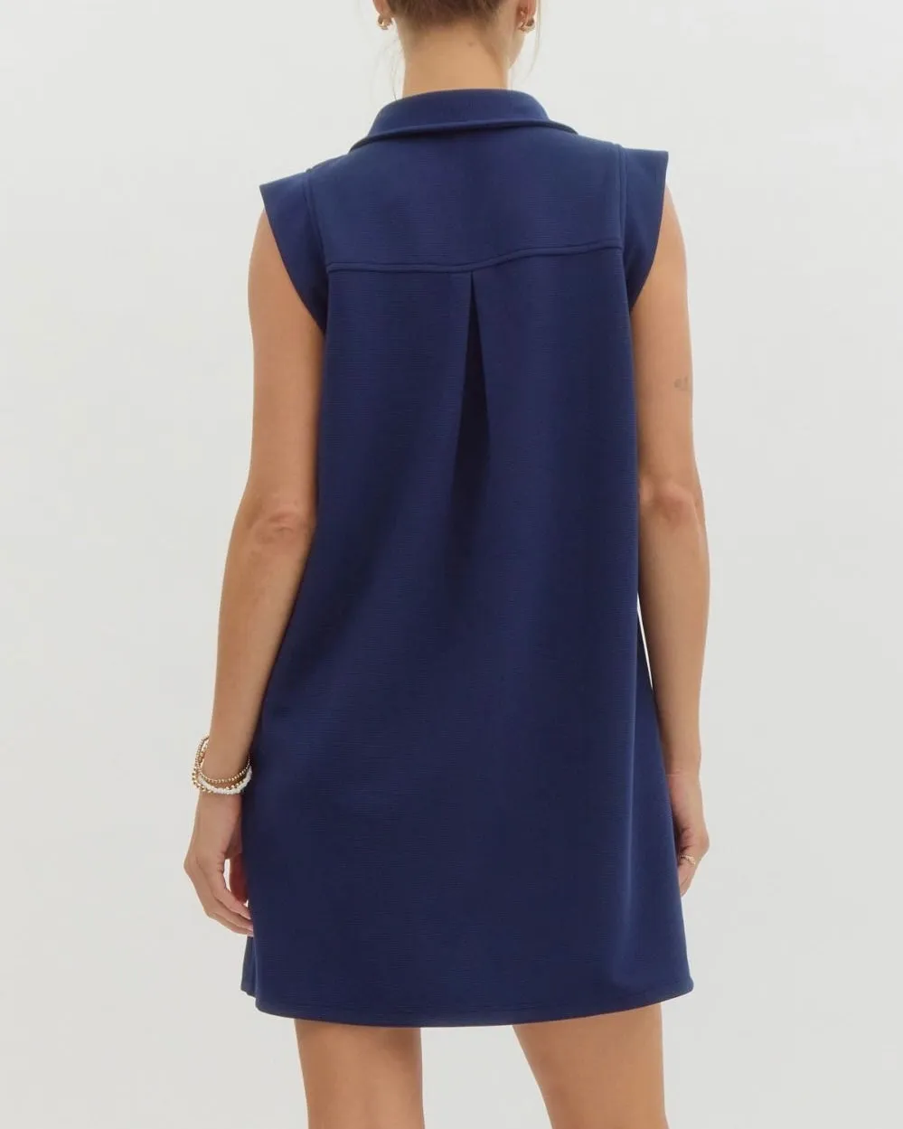 Navy Blue Sleeveless Collared V-Neck Mini Dress