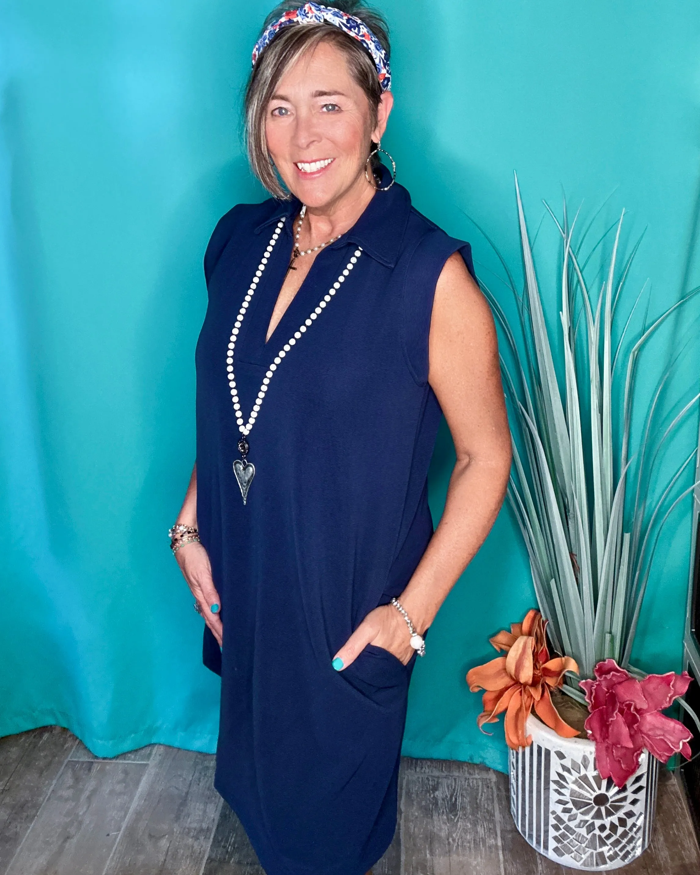 Navy Blue Sleeveless Collared V-Neck Mini Dress