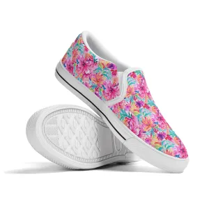 Rainbow Tropics: Watercolor Flowers in Vibrant Pink, Green and Orange Hues Womens Canvas Slip On Shoes US5-US12