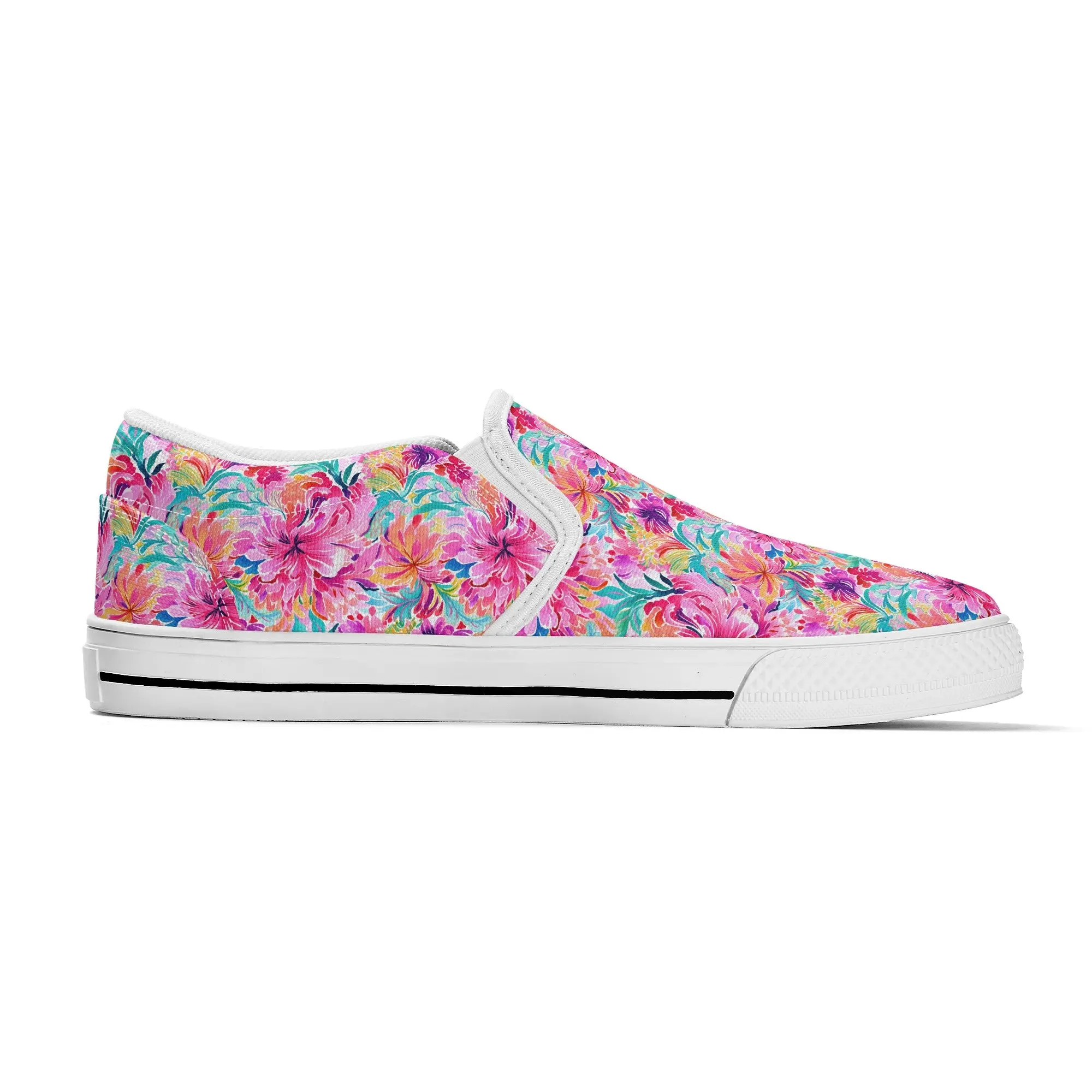 Rainbow Tropics: Watercolor Flowers in Vibrant Pink, Green and Orange Hues Womens Canvas Slip On Shoes US5-US12