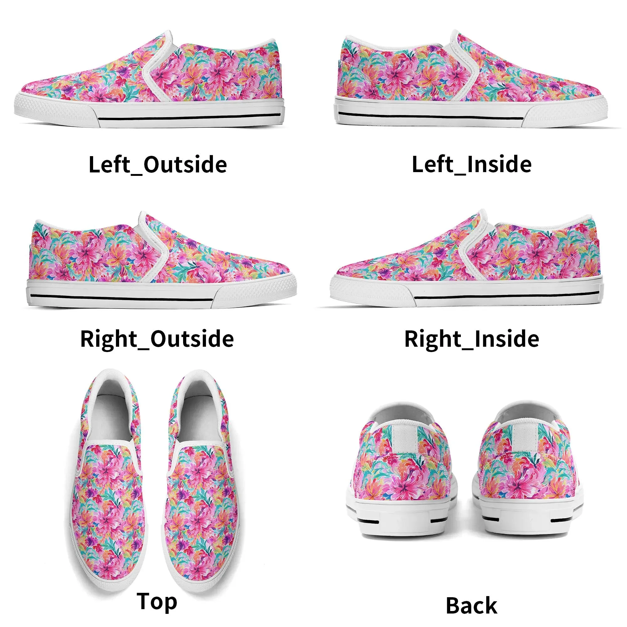 Rainbow Tropics: Watercolor Flowers in Vibrant Pink, Green and Orange Hues Womens Canvas Slip On Shoes US5-US12