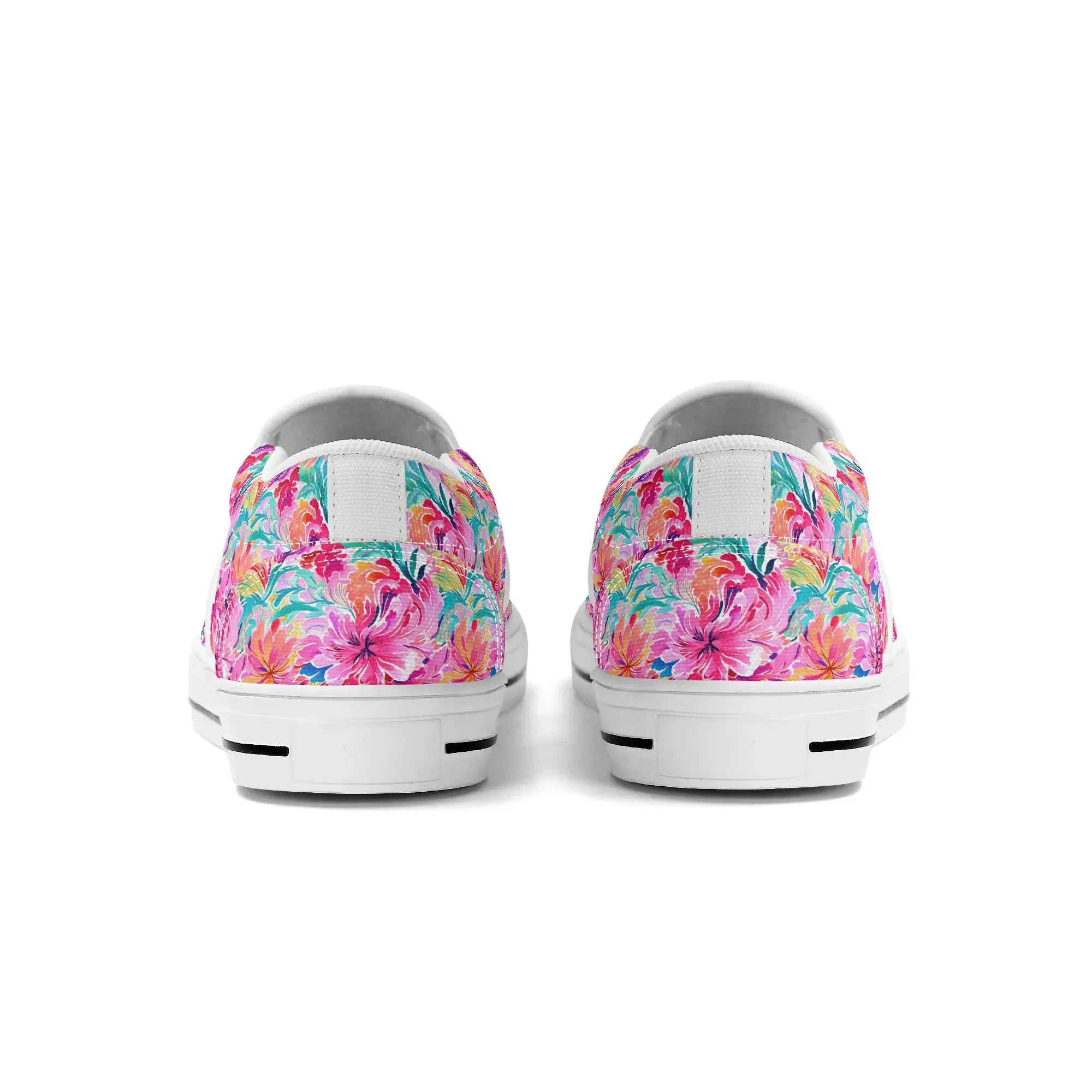 Rainbow Tropics: Watercolor Flowers in Vibrant Pink, Green and Orange Hues Womens Canvas Slip On Shoes US5-US12
