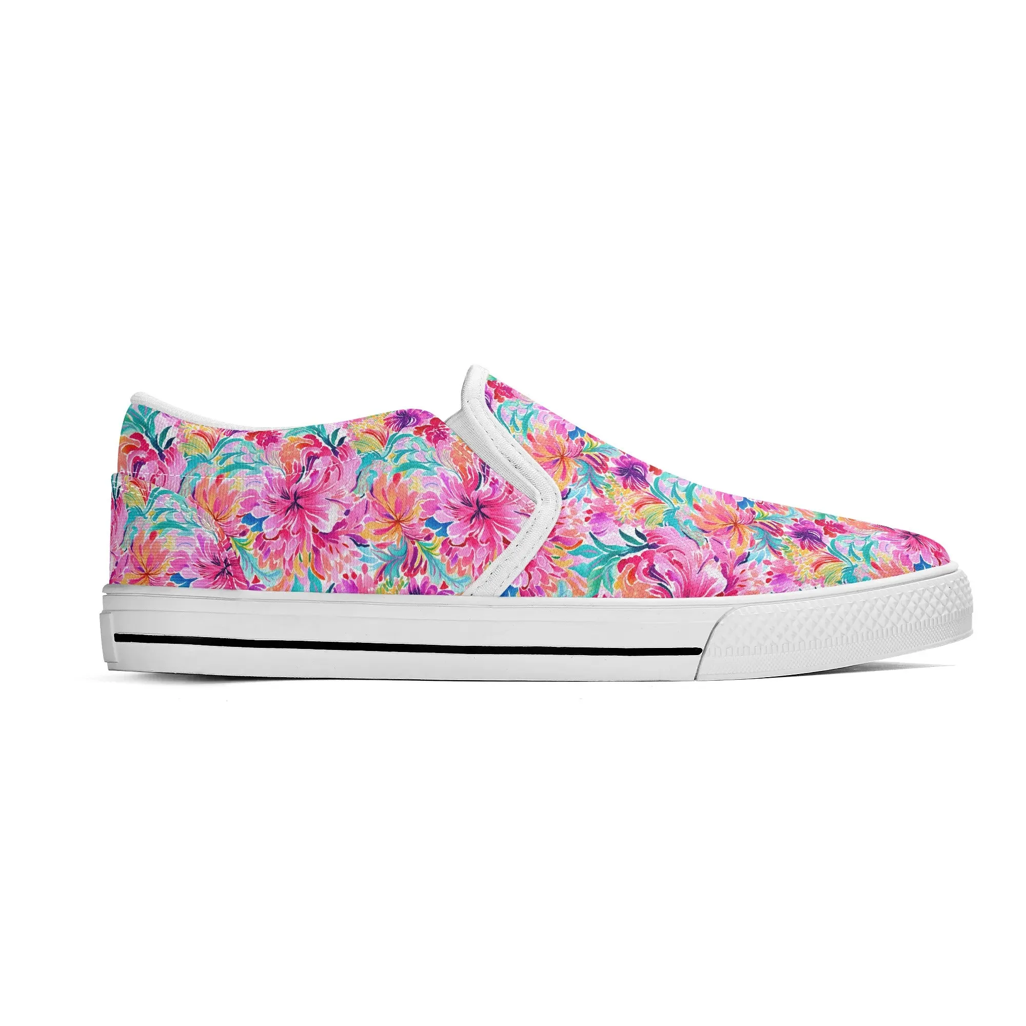 Rainbow Tropics: Watercolor Flowers in Vibrant Pink, Green and Orange Hues Womens Canvas Slip On Shoes US5-US12